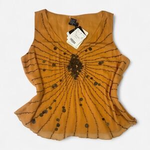 Doncaster Collection Mustard Orange Silk Beaded Coin Tank Top Vtg Y2K Womens 10